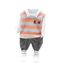 Vêtements de printemps et d'automne pour bébés garçons et filles, t shirt et pantalon rayés, en coton, pièces/ensembles 