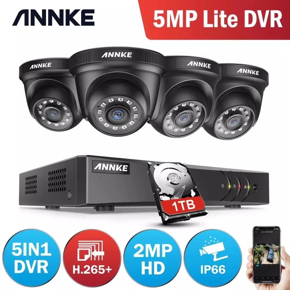 ANNKE 4CH H.265 + 5MP Lite CCTV система DVR 4 шт. 2.0MP ИК ночного видения Купольные Камеры