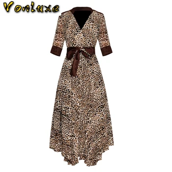 

Vintage Retro V Neck Long Dress Women Half Sleeve Leopard Print Bow High Waist A-Line Dresses Lady Casual Party Vestidos Female