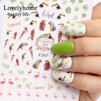 

1pcs 3D Nail Stickers Nails Art Adhesive Decals Manicure Birds Parrot Flamingo Tropical Leaf Nail Wraps F247