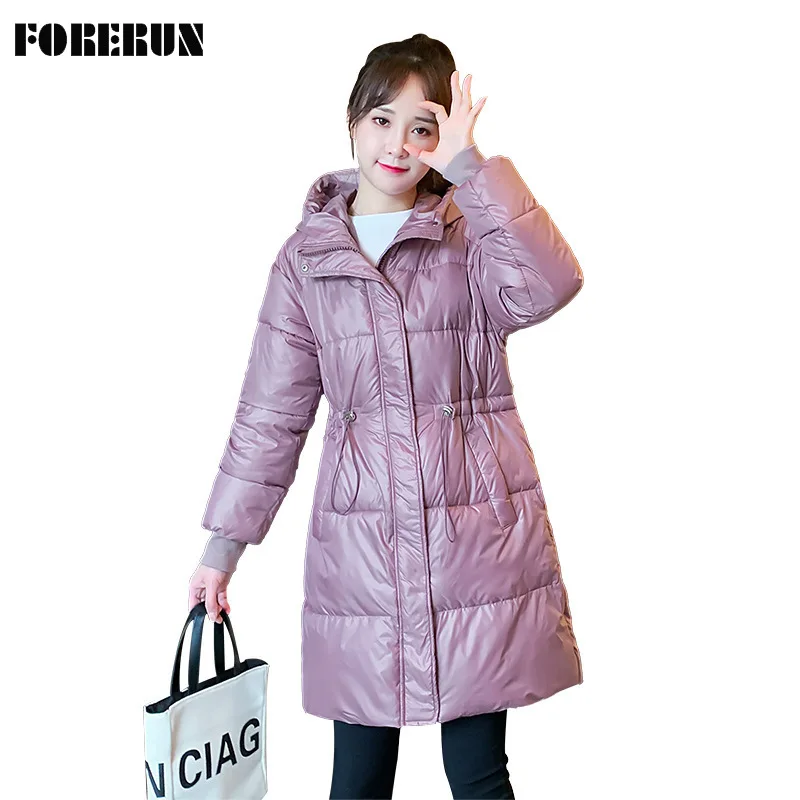 

FORERUN Long Coat Women Hooded Drawstring Slim Waist Mid Length Jacket Cotton Padding Winterbreaker Thick Solid bubble Outwear
