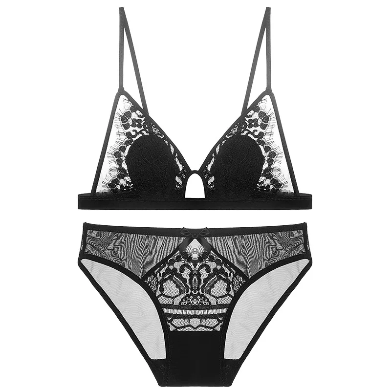

2020 French Lingerie Eyelashes Sexy Lace Bra Without Steel Ring Ladies Thin Triangle Cup Embroidered Plus Size Black Bra Set
