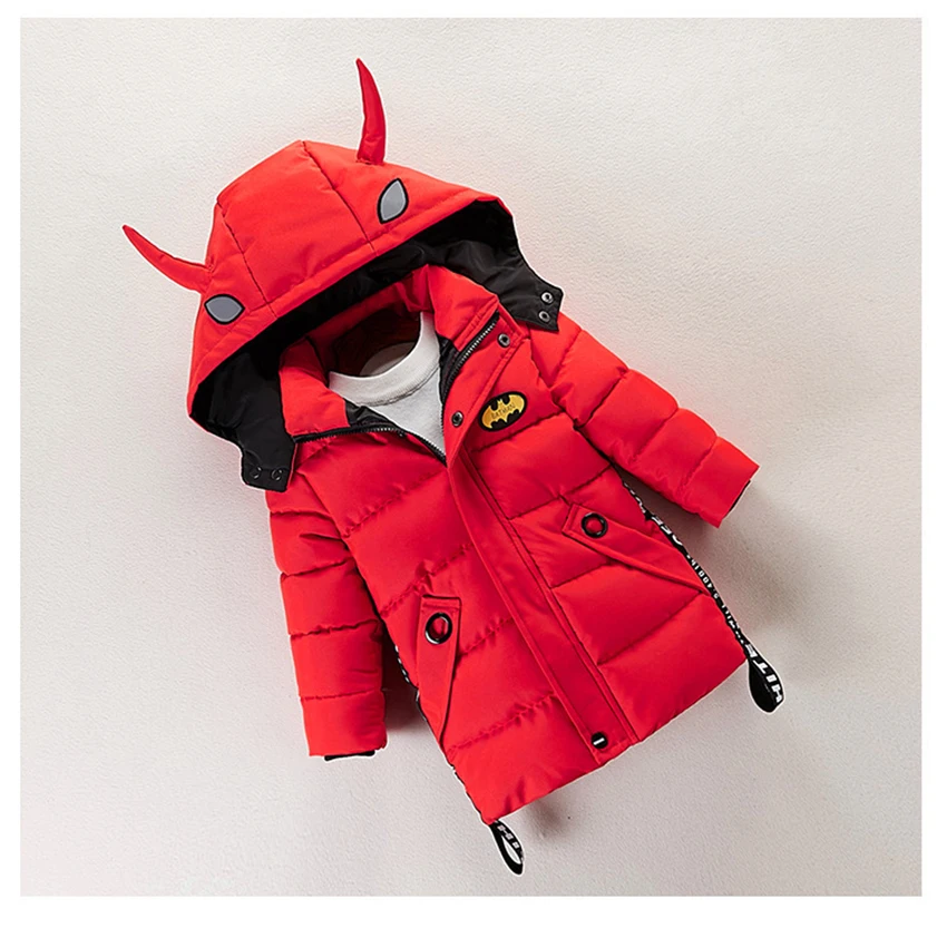 Новинка; детские куртки; зимнее пуховое пальто с рисунком Бэтмена для мальчиков; теплая верхняя одежда для маленьких детей; зимние парки