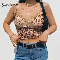Sweetown Patchwork Lace Edge Leopard Crop Top Women Sleeveless Sexy Party Clubwear V Neck Slim Rave Streetwear Top Tees Harajuku 1