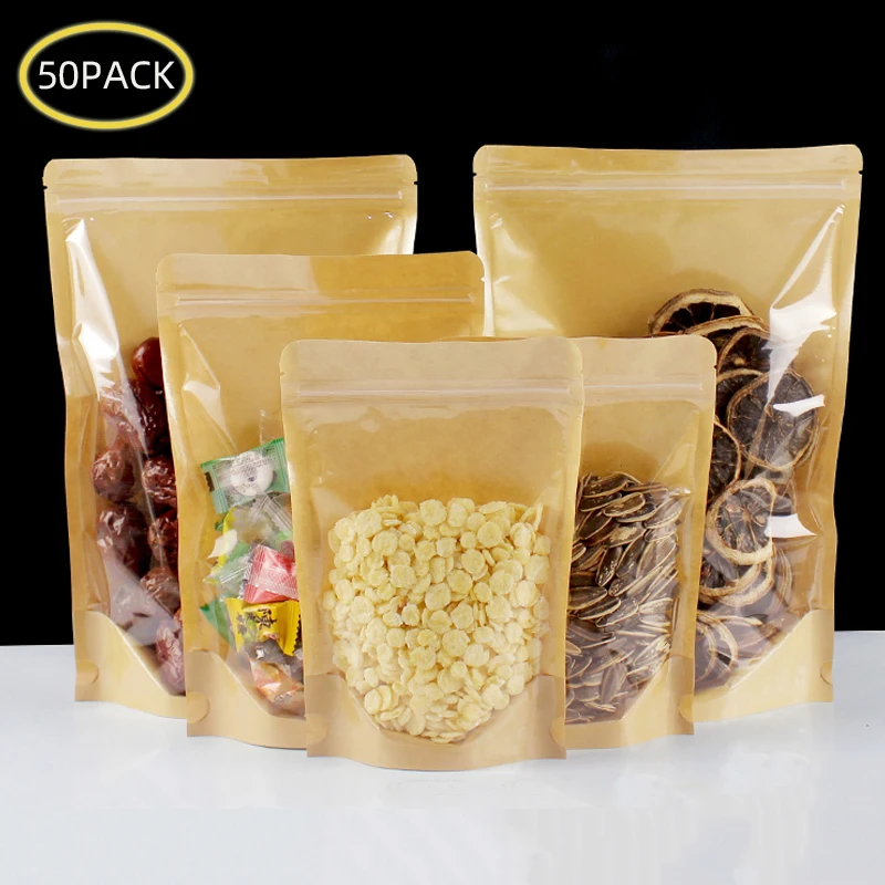 50pcs Kraft Paper Zip Lock Bags One Side Clear Stand Up Resealable Snack Coffee Beans Dates Chocolate Packaging Storage Gift | Дом и сад