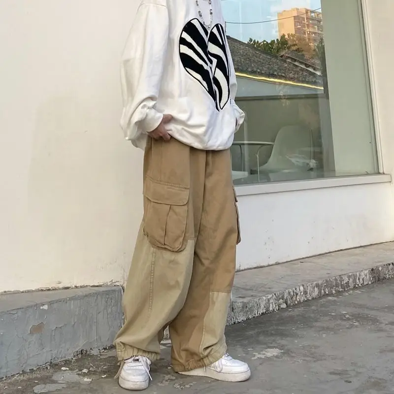 Wide Leg Pants Mens Fashion Cargo Pants Vintage Harajuku Trousers Japanese Streetwear Multi-Pocket Casual Stitching Dungarees