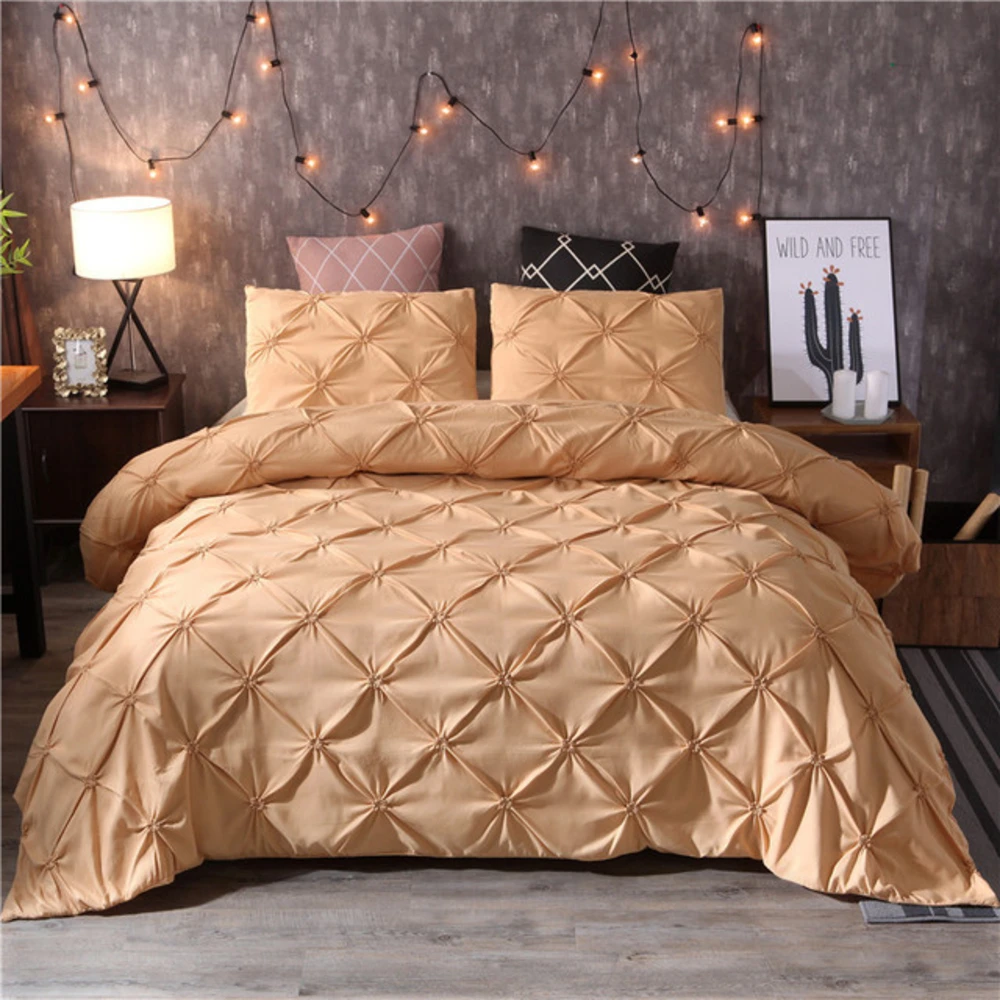 Golden Whtie Duvet Cover Bedding Set Solid Bed Covers Pinch Pleat