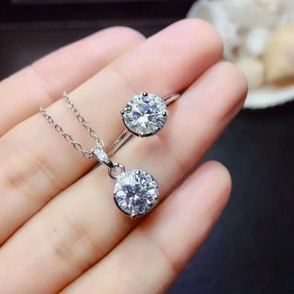 MeiBaPJ 1 карат Moissanite Алмазный Ювелирный Набор 925 Серебряное кольцо кулон ожерелье 2