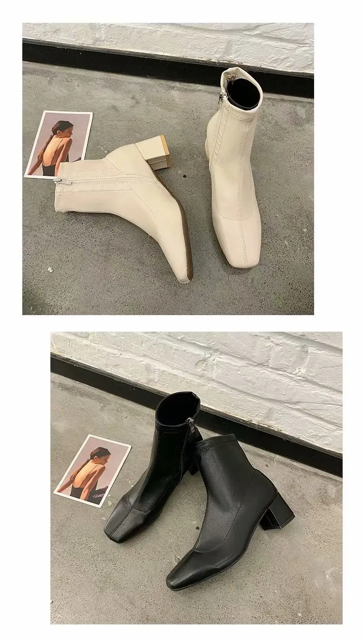 Chaussures femme/ г. Модные зимние Ботинки martin из флока на молнии с квадратным носком до середины икры плюшевые ботинки на не сужающемся книзу массивном каблуке
