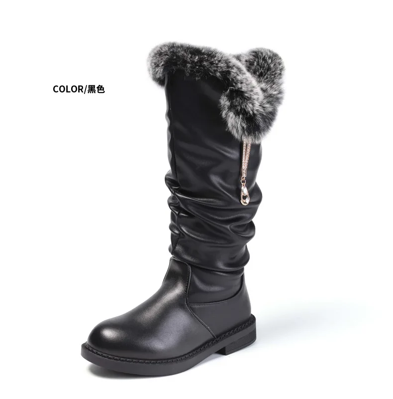winter new high boots girls children plus velvet genuine leather rabbit hair children's boots