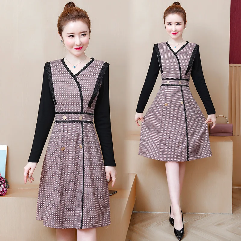 

Fashion Casual Large Size Dress Pattern Lace Dress Women's 2020 Early Spring New Style Korean-style V-neck Medium-length Dress