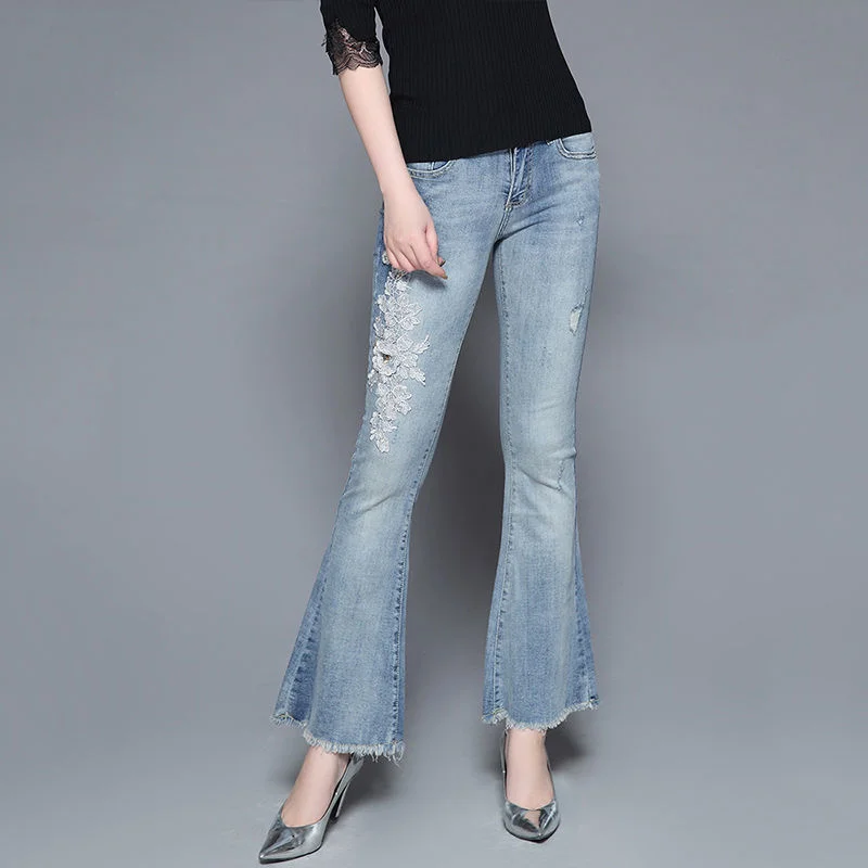 Jeans Women Spring Summer Thin High-Waist Flared Denim Pants 2021 New Korean Style Skinny Vintage Embroidery Cropped Trousers