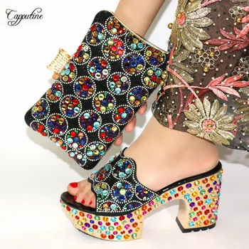 

Excellent Black With Colorful Stones African Slipper Shoes And Evening Bag Set For Party CR2111 Heel Height 9.5CM