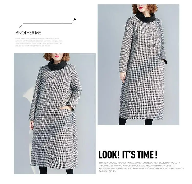 4XL, плюс размер, повседневное зимнее плотное теплое платье, Женская водолазка, клетчатое длинное платье, Женская винтажная большой размер, свободное платье с карманами
