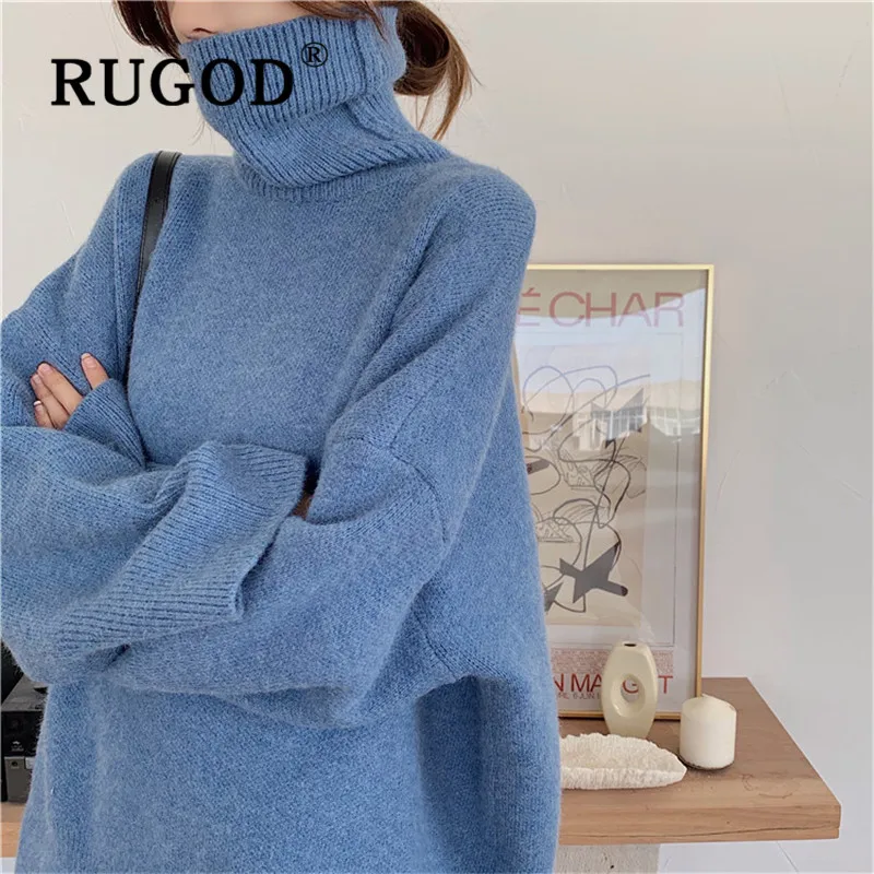RUGOD, Осень-зима, стиль, однотонный, водолазка, пуловер, для женщин, средней длины, теплый, утолщенный, вязаный свитер, платье, мода