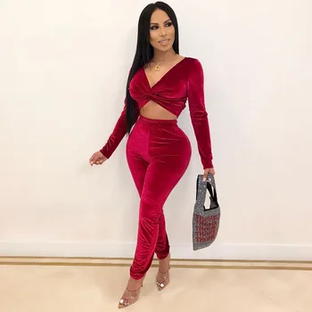 

Meyoung Velour 2 Piece Set Women Tracksuit Pants Set Two Piece Set Off Shoulder Women Clothes Femme Night Outfits Streetwear Red