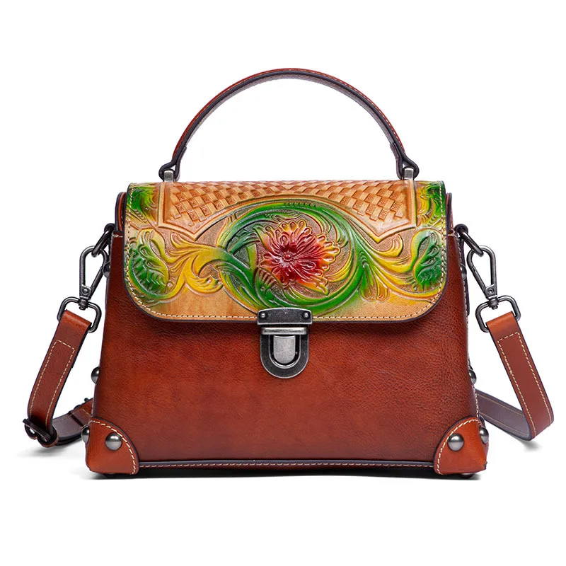 Floral Genuine Leather Retro Painted Carving Craft Women Tote Bag