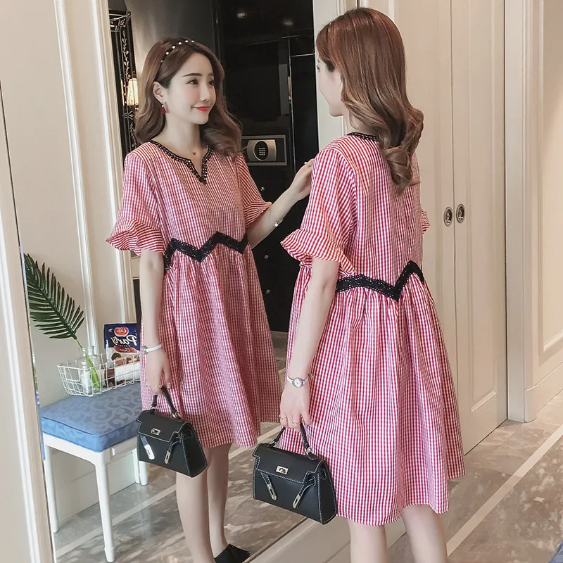 

Pregnant Women Dress Korean-style Loose-Fit Mid-length Elegant Plaid Loose And Plus-sized Pregnant Women Skirt