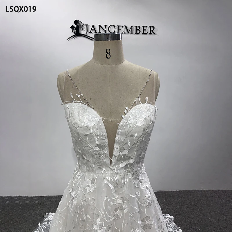 LSQX019 2021 new wedding dress a line with sequins lace sleeveless v neck blackless white wedding dress белое кружевное платье 5