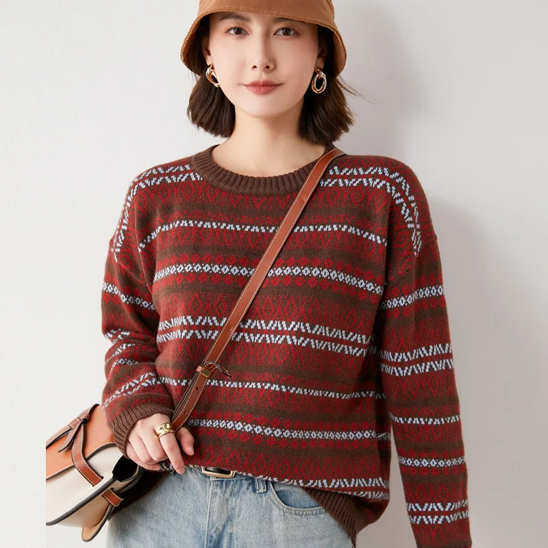 New Women Girl Winter Round Neck Cute printed Striped Knitted Pullovers