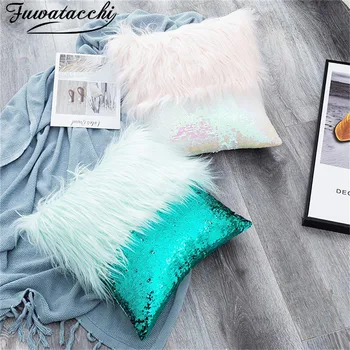 

Fuwatacchi Sequin Bow Cushion Cover Throw Pillow Cases Plush Furry Soft Velvet Throw Pillowcase Home Decor Solid Nordic Coussin