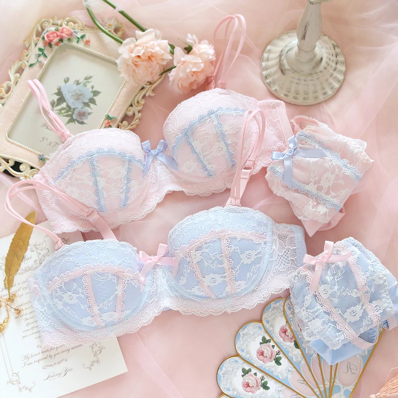 Japanese Sweet Lolita Women's Cute Love Bowknot Mesh Bra & Panties Set  Lingerie Set Sexy Young Girl Push Up Bra Underwear Set