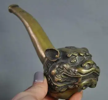 

Chinese bronze Foo dog lion Head statue tobacco Cigarette holder Smoking Tools