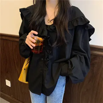

Alien Kitty Chic Ruffles 2020 Sweet High Quality Solid Elegant Feminine Vintage Loose Fashion All-Match Casual Female Shirts
