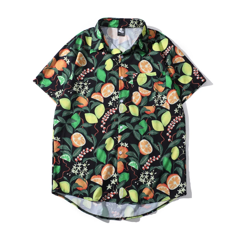 

Black Color Tropical Fruits Printed Hawaiian Shirt for Men Summer Holiday Men's Button Up Short Sleeve Aloha Shirts Plus Size