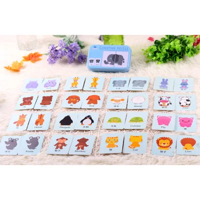 Baby Cognition Puzzle Toys Toddler Kids Iron Box Cards Matching Game Cognitive Card Car Fruit Animal Life Puzzle J0360 10 pcs gift full moon postcard baby greeting cards paper congratulations invitation