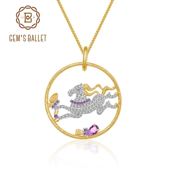 

GEM'S BALLET 925 Sterling Silver Horse Galloping Natural Amethyst Gemstone Handmade Pendant Necklace For Women Fine Jewelry