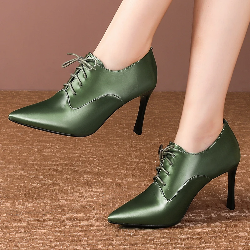 

Genuine Leather High Heels Ladies Green Black Pointed Toe Dress Casual Shoes Woman Spring Basic Pumps