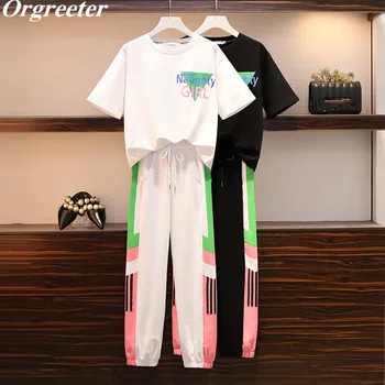 

2020 New Summer Women's Fashion Casual Sports Suits Female Hit color Letter printing Tops and Pants Two piece set