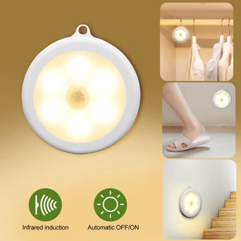

1/3/6pcs 6 LEDs Motion Sensor Cabinet Light Auto On/Off Lamp Protect Eye Lamp Cabinet Light Dia 80mm Wireless Detector Light