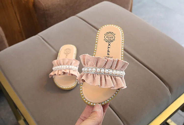 Childrens Shoes Kids Sandals For Toddlers Girls Princess Sweet Soft Pearl Beaded With Rhinestone Girls Slippers Slides 21-30
