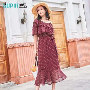 

SUPIN Spring Women Ruffled Dresses Fashion Print Strap Short Sleeve Loose Mid Long Female Beach Dress 519270012