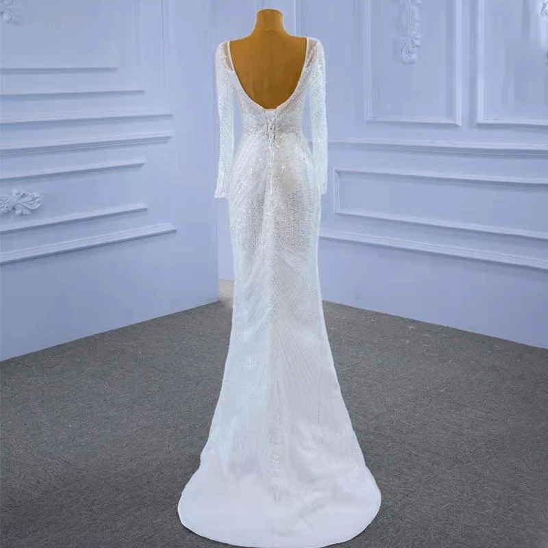 RSM67322 Muslim Wedding Dress Long Sleeve O-neck Detachable Tail Elegant Applique Mermaid Bridal Gown Robe Mariage Femme 5