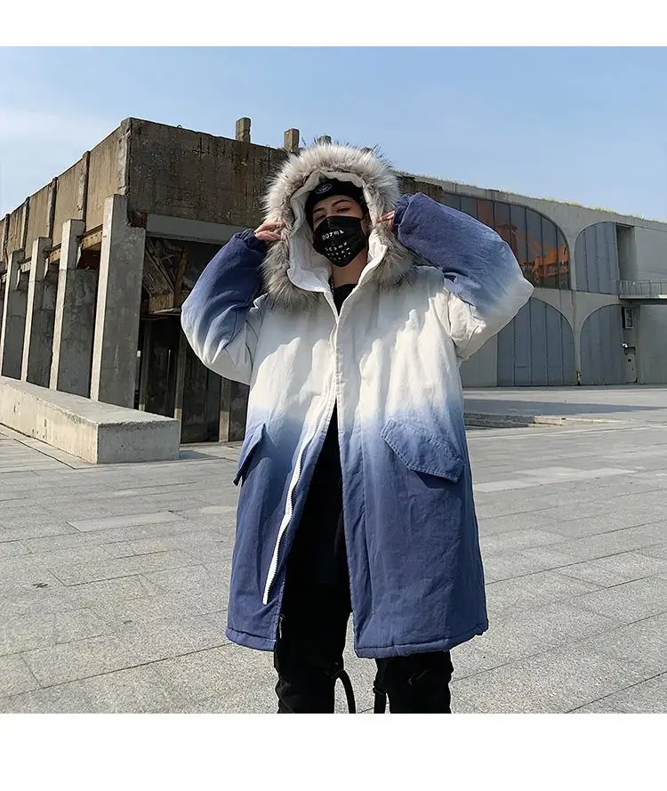 Thick Winter Jacket Men Hip Hop Streetwear Fur Hooded Parka Coat Man Harajuku Japanese Jacket Oversized Clothes Male XXXXXL - Цвет: Blue Winter Coat Men
