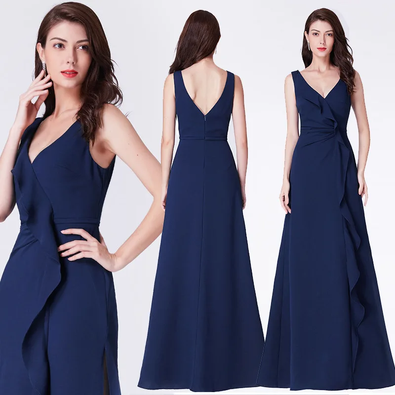 

A-line Ruffle Evening Dress 2020 New Double V-neck Sleeveless Floor-length Dress Side Slit Zipper-up Dress for Party