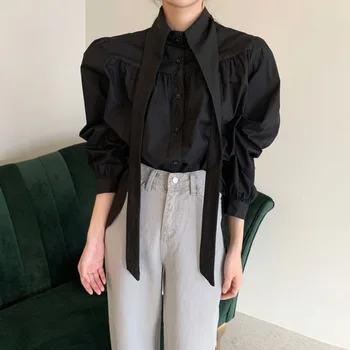 

2020 New Design Chic White Blouse Women Office Shirt Spring Lace Up Casual Tops Korean Blouses Solid Black Gothic Shirts Girl