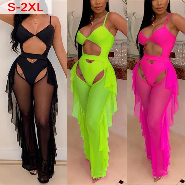 

Adogirl Fluorescence Color Fashion Casual Two Piece Set Hollow Out Spaghetti Straps Bodysuit Swimwear Ruffle Sheer Mesh Pants