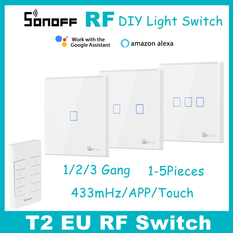 SONOFF T2EU-RF 86 Type Wall Panel 1-3 Gang Sticky 433MHz Wireless RF Remote 2-Way Control for 4CHPROR3 SlampherR2 TX Wall Switch