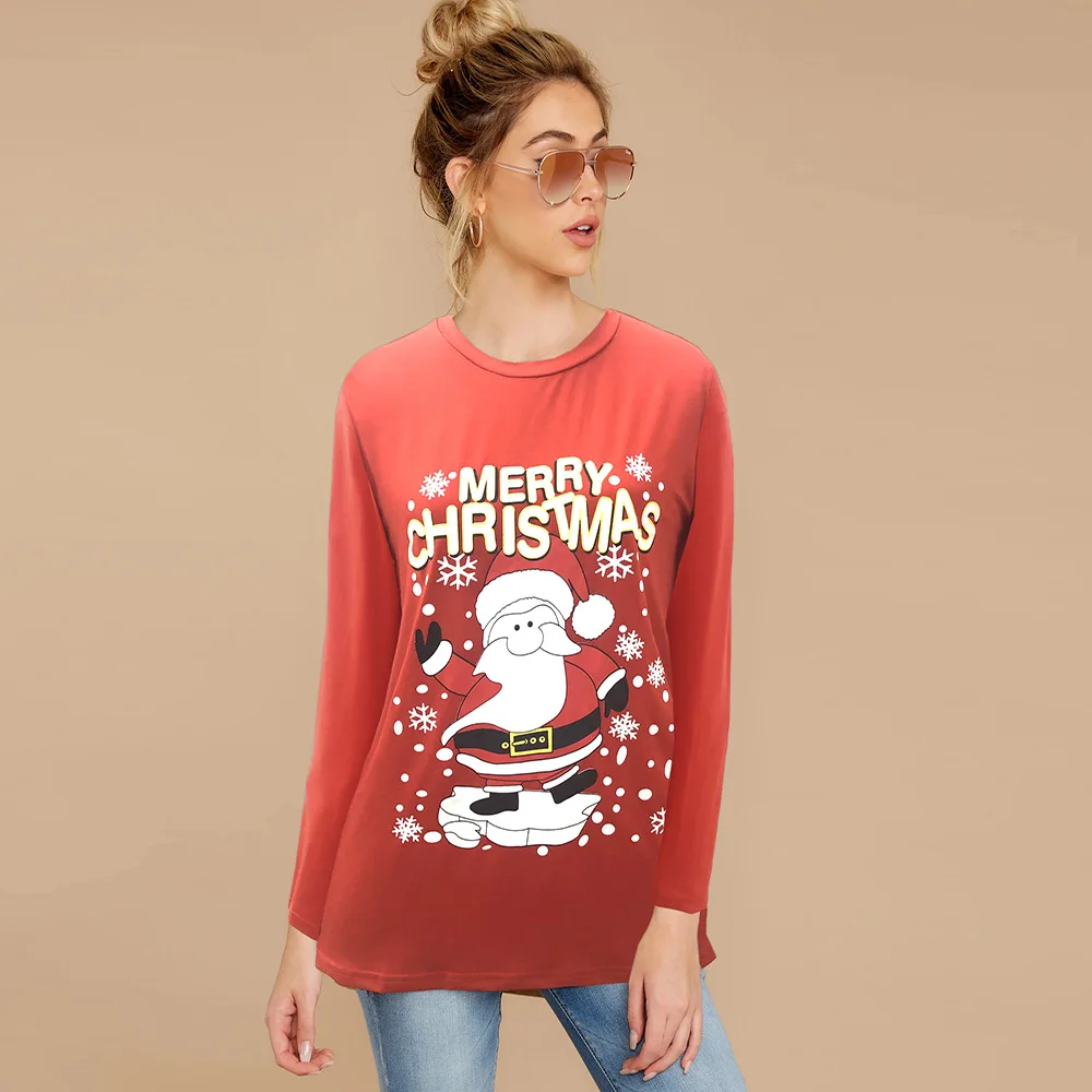 

Hot Sale Ladies T-shirt Christmas Party Printing Crew Neck Group Tops Urban Casual Red Long-sleeved Pullover T-shirt Clothing