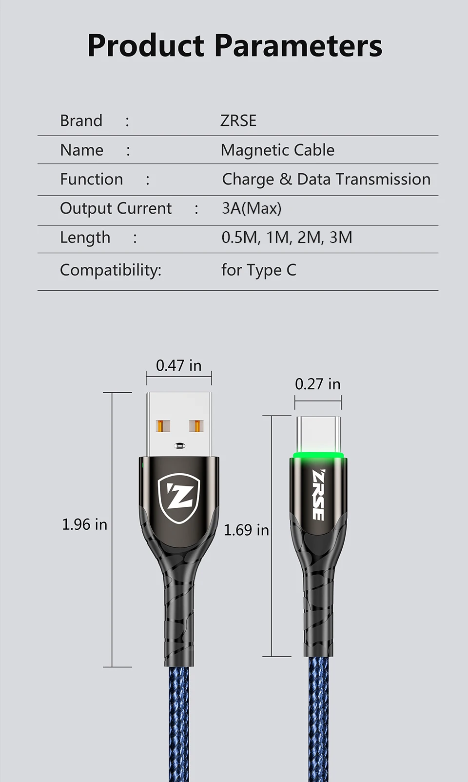 ZRSE 3M 2M 1M type C кабель для samsung A50 S10 S9 S8 S7 светодиодный USB C кабель для синхронизации данных Быстрая зарядка для Xiaomi Mi9 Redmi Note 7 K20