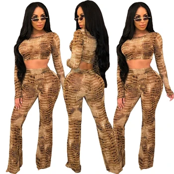 

SZMALL Newest 2020 Sexy lady 2pcs Club Sets Fish pattern long Sleeve Crop Tops Vest High waist Wide Leg Pants For Women Set
