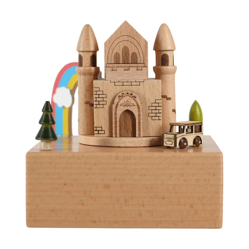 Деревянная вращающаяся музыкальная шкатулка ручной работы, музыкальная шкатулка из мультфильма, аксессуары для украшения дома, детские игрушки, подарок на Рождество, день рождения - Цвет: Rainbow Castle