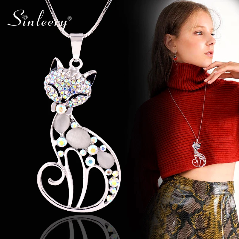 Long-Necklaces Cat-Pendant Opal-Stone Gifts Girl Jewelry Animal SINLEERY Women Cute 
