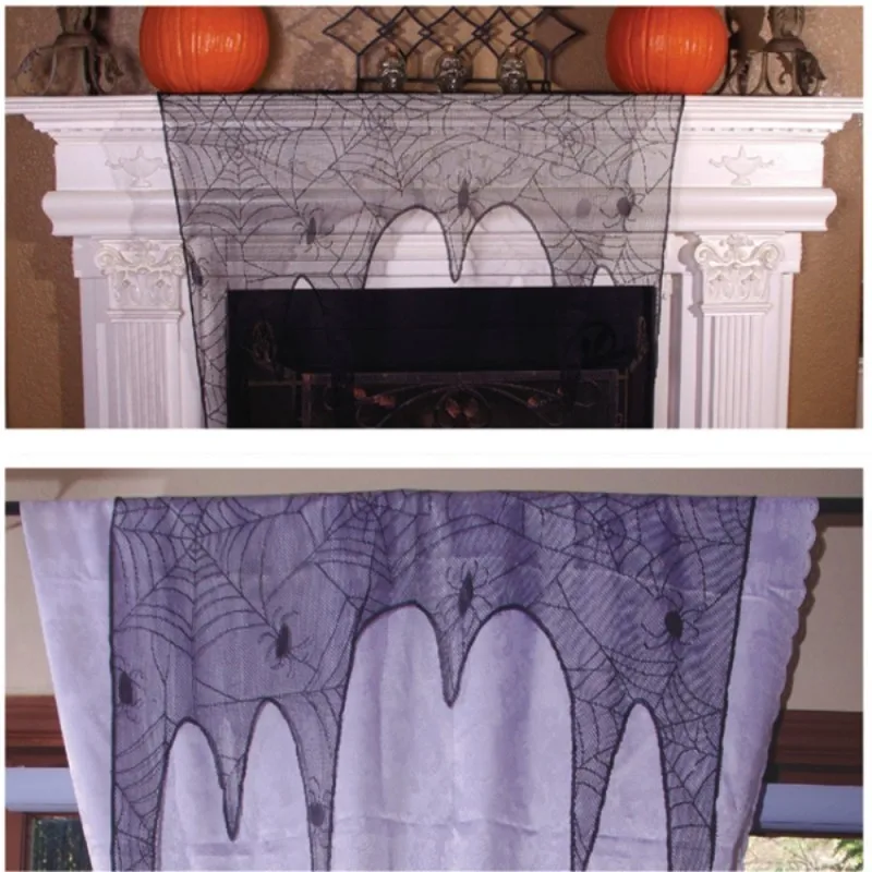 

Hot Sale Halloween Spider Lace Window Curtains Table Runner Black Lace Lampshade Fireplace Curtain Halloween DecorCMMA