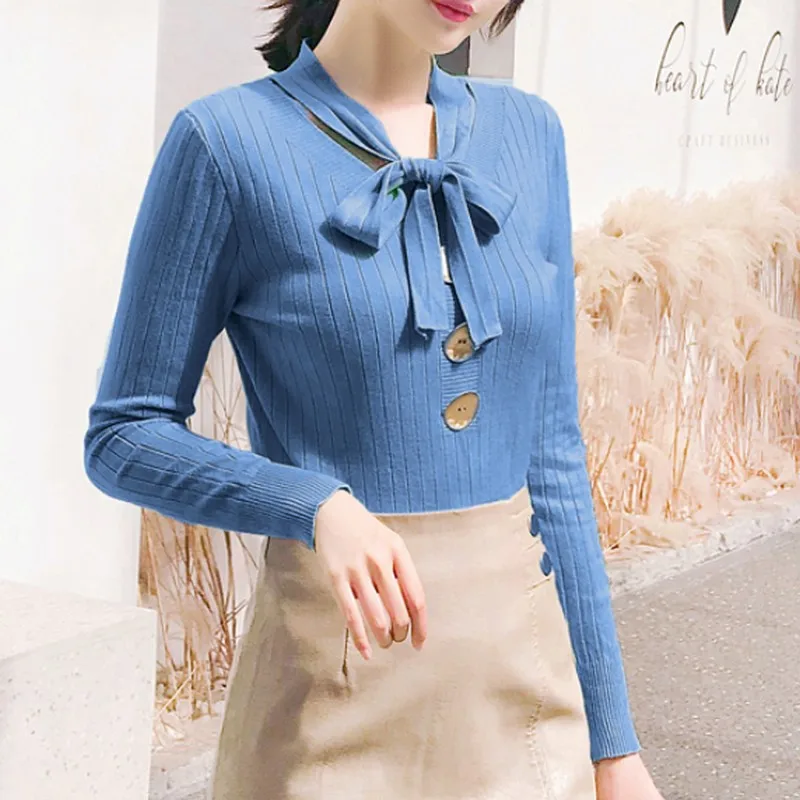 

Solid Color Knitting Sweater Women Bow Button Pullover Women's Sweater Office Commuting Women's Sweaters Winter Clothes Women