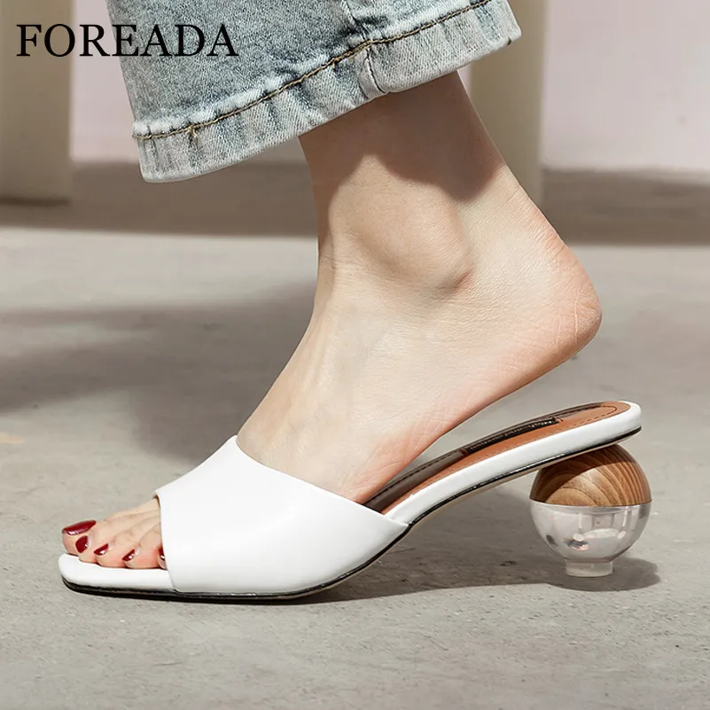 

FOREADA Women Shoes Slippers Natural Genuine Leather Strange Style High Heel Sandals Transparent Shallow Square Toe Ladies Shoes